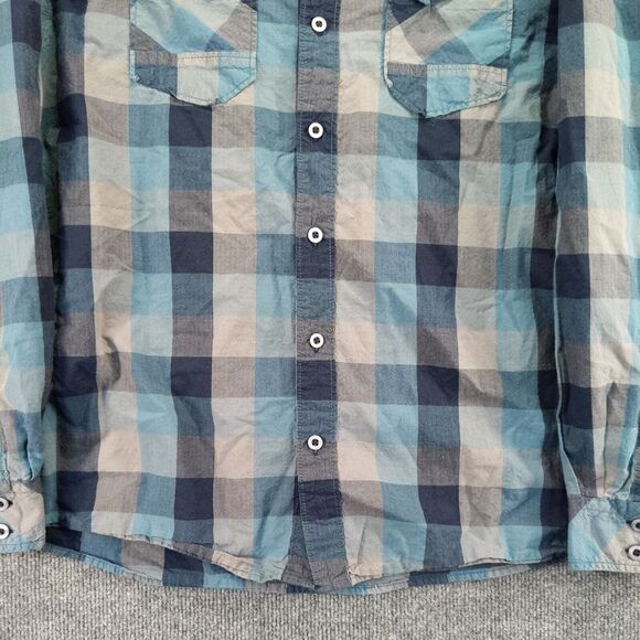 Ascend Size Mens L Blue Gray Plaid Button Up Long Sleeve Shirt Front Flap Pocket - Picture 8 of 12